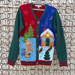 Y2K Jolly Sweaters Ugly Christmas Cardigan Gingerbread Man Scene SMALL
